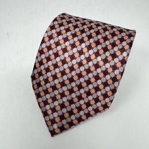 Linea Dome Tie Mens One Size Burgundy Tan Geometric 100% Silk Made Italy Necktie